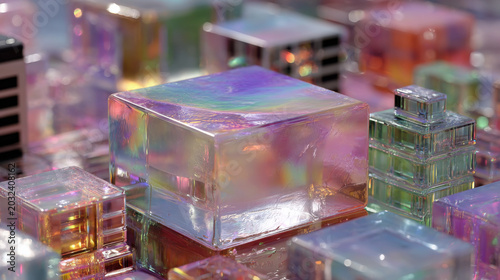 Abstract Holographic Cubes with Reflected Light and Colors, Geometric Forms in Futuristic Design
