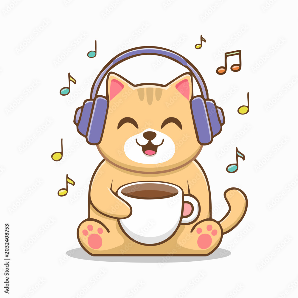 Fototapeta premium Cute Cat Listening to Music and Drinking Coffee