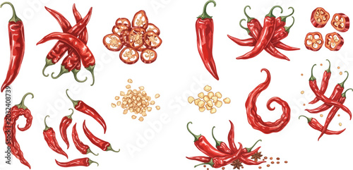Tableau sur toile Vibrant red chili peppers in various forms, including whole, sliced, and seeds, illustrating their spicy nature and culinary versatility