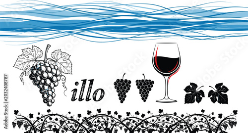 Fotografía Wine and Grape Vector Collection with Vineyard Border Grapes Leaves and Red Wine