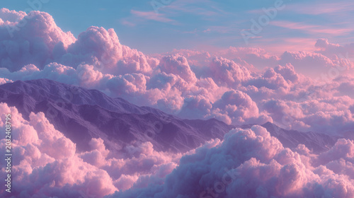 Ethereal cloudscape panorama with majestic mountains rising above soft, pastel pink and purple clouds under a serene dawn sky