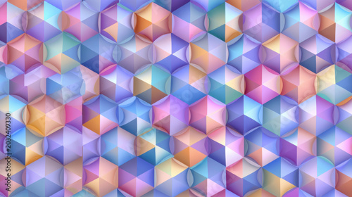 Abstract geometric pattern featuring a vibrant mosaic of iridescent, multifaceted cubes in soft pastel colors, creating a dynamic and engaging visual background