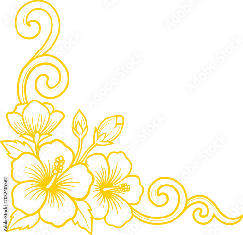 Golden line art hibiscus floral corner border element for elegant design