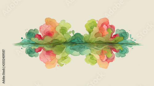 Vibrant abstract watercolor illustration featuring organic forms in a harmonious symmetrical reflection, showcasing a dreamy blend of colorful hues and fluid textures