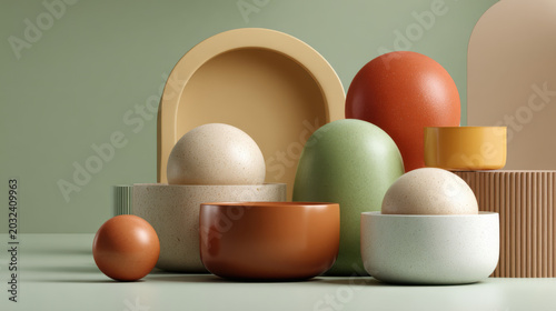 Minimalist Composition of Abstract Geometric Shapes in Muted Earthy Tones Creating a Modern Aesthetic and Harmonious Display