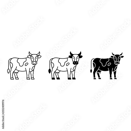 Cow Icons Set: Outline, Line Art, Solid Fill SVG Graphics for Livestock and Farming Themes