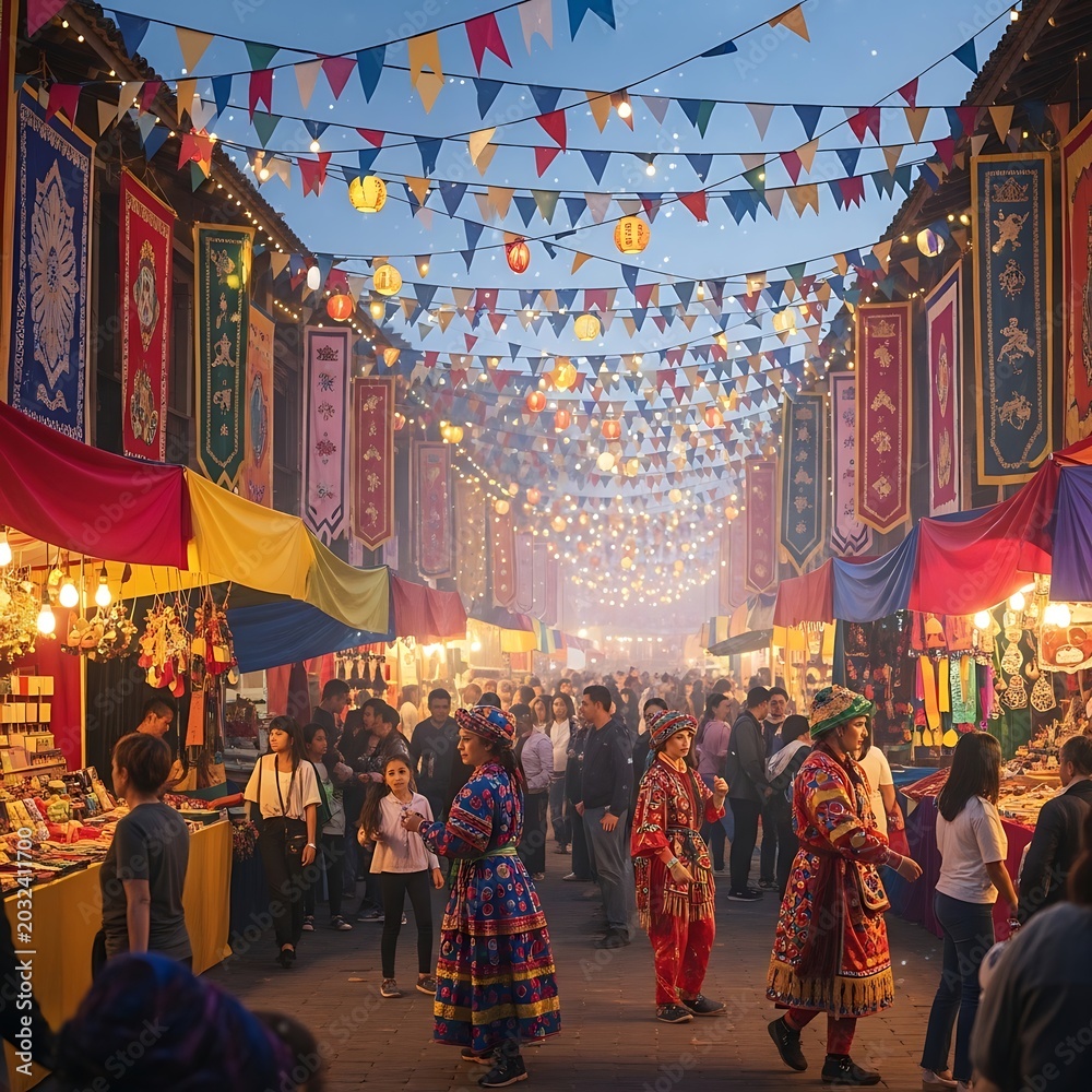 Obraz premium Vibrant Night Market Scene with Festive Decorations and Crowds.