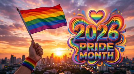 Hand holding rainbow flag with "2026 pride month" text over a city sunset