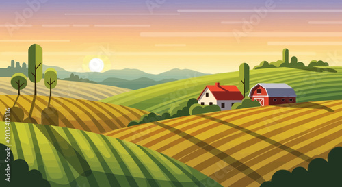 Foto Idyllic Countryside Landscape with Farmhouse and Barn at Sunset