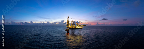 Aerial panoramic view of offshore jack up rig and offshore platform