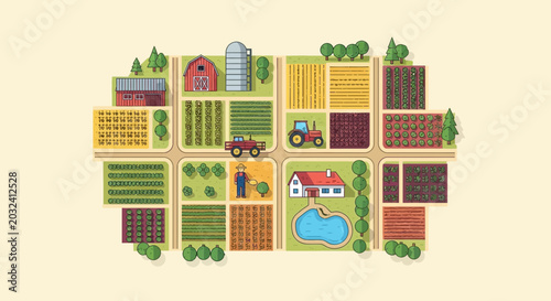 Photos Vibrant Isometric Farm Village: Fields, Barns, Tractor, Farmer, Rural Landscape