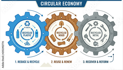 An infographic illustrating the circular economy concept with three gears showing the recycling and reuse of plastic, wood, and metal materials.