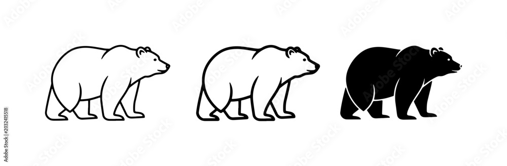 Fototapeta premium Bear Icons, Outline and Silhouette Vector Graphics, Wildlife Animal Set