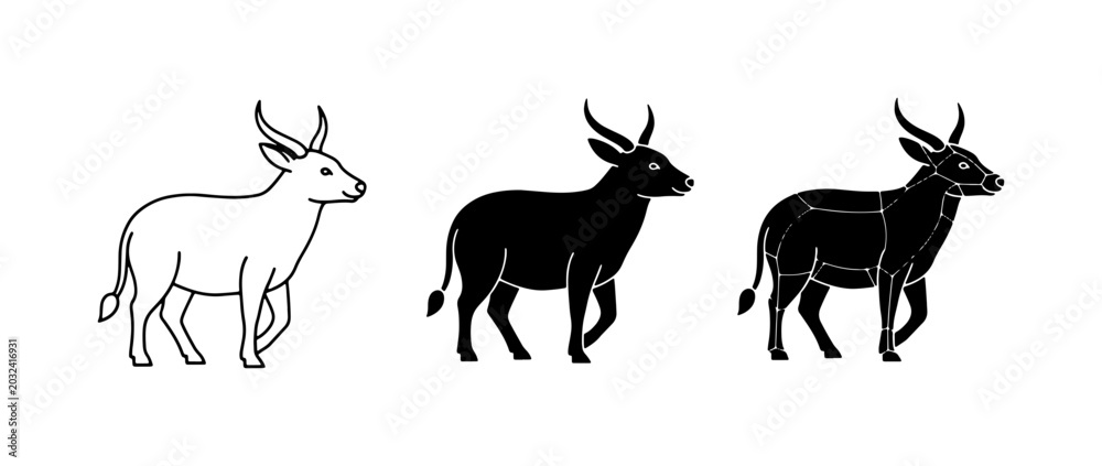 Fototapeta premium Antelope Vector Icons: Silhouette, Outline, and Detailed Black Styles