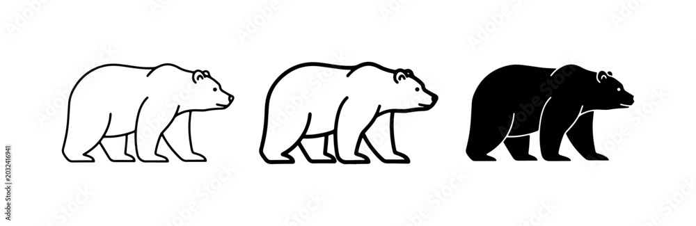 Fototapeta premium Bear Icons, Animal Silhouettes Vector Set, Black and White Mammal Graphics