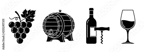 Bild auf Leinwand Collection of wine-related icons including grapes, barrel, corkscrew, and wine g