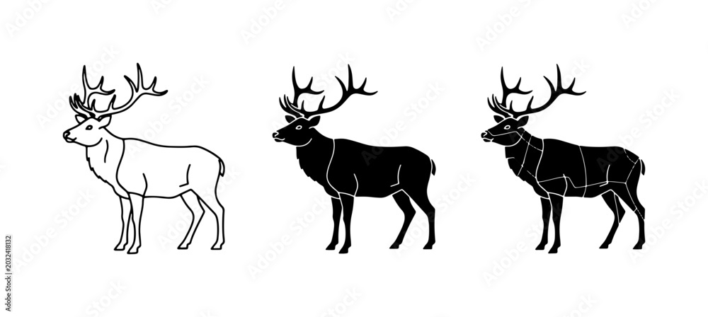 Fototapeta premium Deer Silhouettes, Stag Vector Icons, Wildlife Animal Graphics