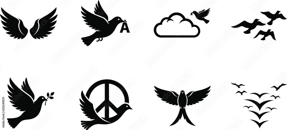 Fototapeta premium Editable icon set of black silhouette doves and peace symbols