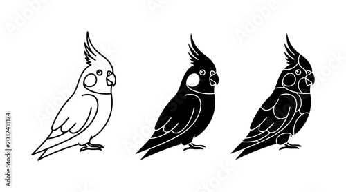 Bild auf Leinwand Cockatiel Bird Vector Icons, Simple Line Art & Silhouette Styles