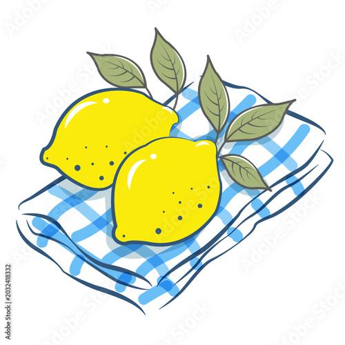 Coquette Girly Handdrawn Yellow Lemons with Green Leaves on a Blue Gingham Cloth
