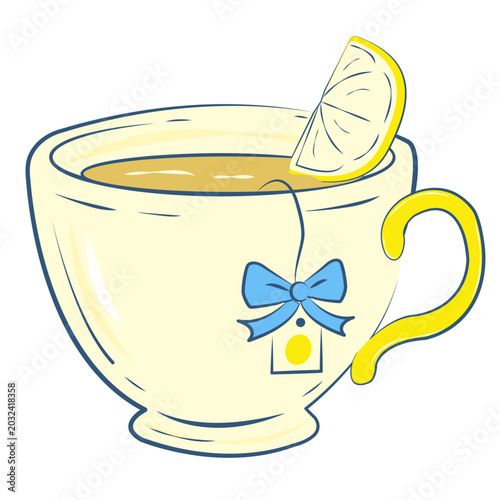 Whimsical Coquette Hand Drawn Light Yellow Tea Cup with Blue Bow and Lemon Slice Accent