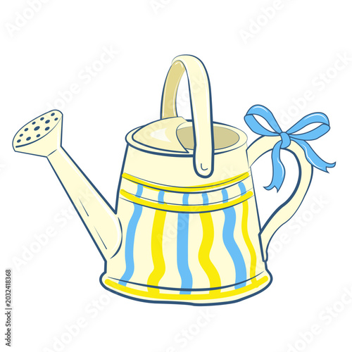 Coquette Handdrawn Yellow Watering Can with Blue Ribbon Decoration for Garden Care