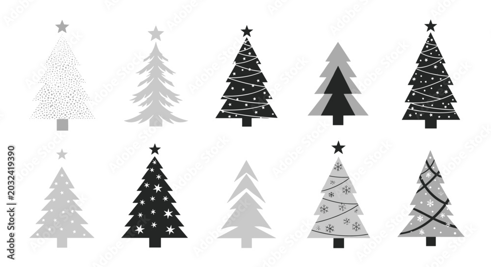 Obraz premium Selection of stylized Christmas tree silhouettes and icons in various grey and black shades for holiday card designs and motifs.