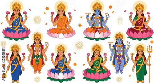 Bild auf Leinwand Hindu Deities Vector Character Set Featuring Goddess Lakshmi Lord Vishnu and Dur