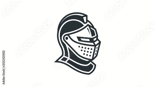 Black and white illustration of a knight's helmet with a face guard on a plain white background.