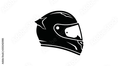 Black motorcycle helmet with white outline on a white background, profile view with visor and chin guard.
