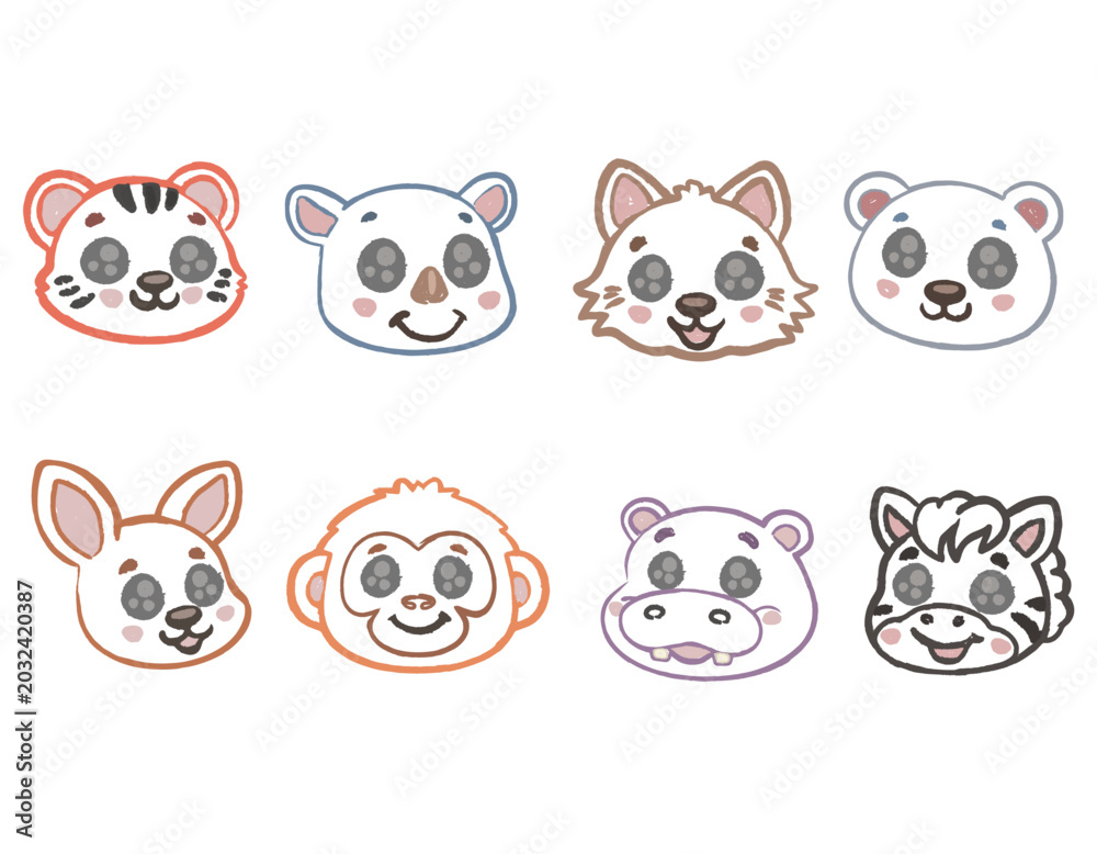Fototapeta premium illustration of a featuring a variety of baby animal faces cheerful flat design charcoal hand drawn stylized in pastel colors