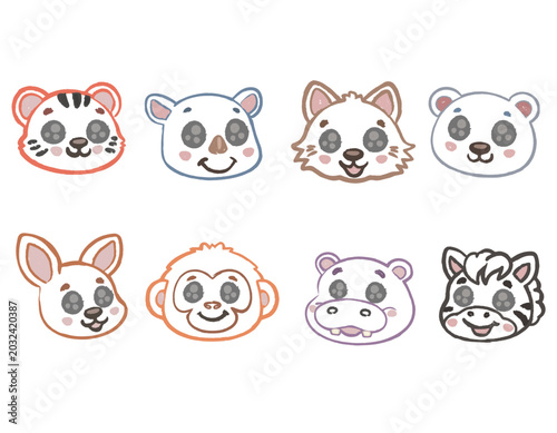 illustration of a  featuring a variety of baby animal faces cheerful flat design charcoal hand drawn stylized in pastel colors