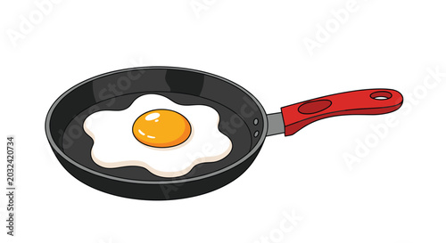 Single fried egg served inside a black frying pan with a bright red handle isolated on a white background for food or breakfast themes.