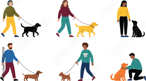 People walking dogs vector flat illustration set of diverse cartoon characters with pets isolated on white background