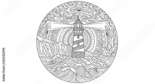 Intricate lighthouse illustration on coastal rocks with decorative elements