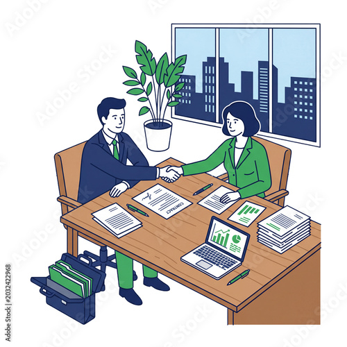 Professional business partnership handshake meeting flat illustration with contract signing in modern office