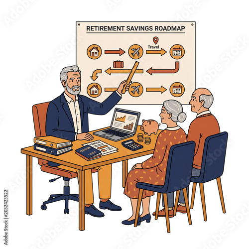 Retirement financial planning consultation flat illustration with elderly couple and advisor discussing savings roadmap