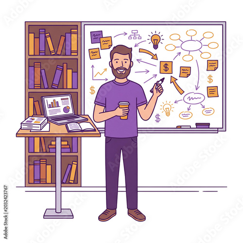 Young startup founder creating business strategy plan on whiteboard flat illustration with diagrams and mind maps