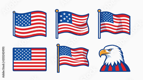 Obraz na plátne Various illustrations of American flags and a bald eagle head, symbolizing patriotism and national pride