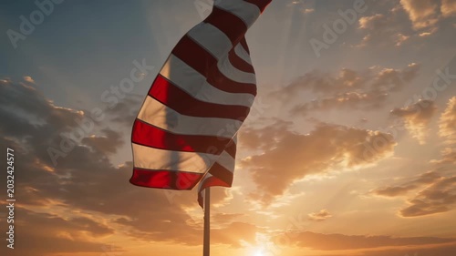 American flag waving majestically in golden hour sunset sky with dramatic cinematic motion