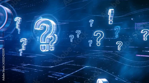 Glowing neon question marks floating in digital space with data streams cinematic motion