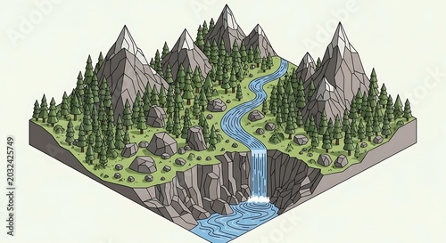 Isometric illustration of a mountain landscape with river and waterfall