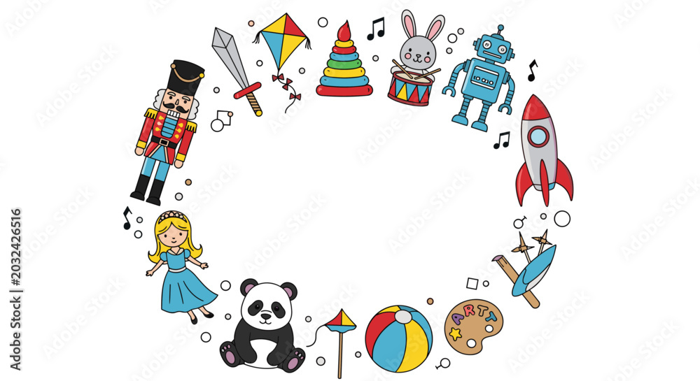 Fototapeta premium Colorful circular frame composed of various children's toys like a nutcracker, robot, rocket, panda, and ball.