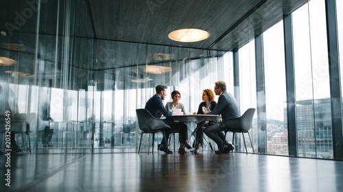 Business professionals in meeting at table near large windows