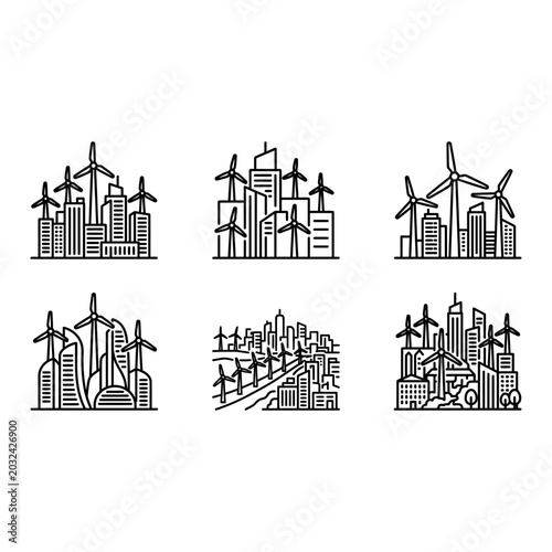City with wind turbines icon set, outline, white background, vector illustration