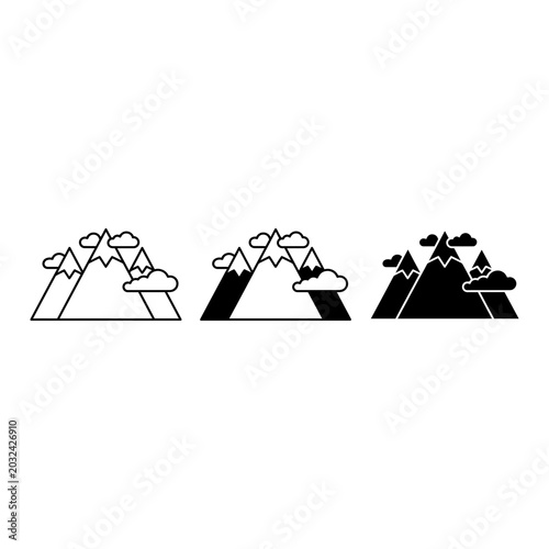 Mountain icon set outline solid silhouette, white background