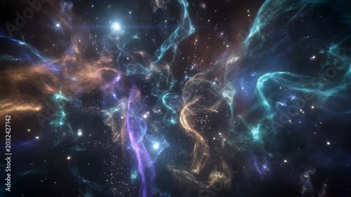 Nebula clouds with stars swirling in cosmic motion during deep space exploration