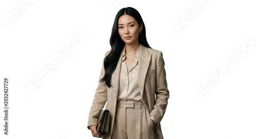 Stylish young Asian woman in a beige pantsuit holding a clutch bag, professional and elegant business attire
