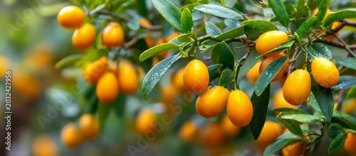 Panel kuchenny z motywem Ripe kumquat fruits growing on citrus tree branch