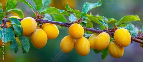 Yellow mirabelle plums growing on a fruit tree branch